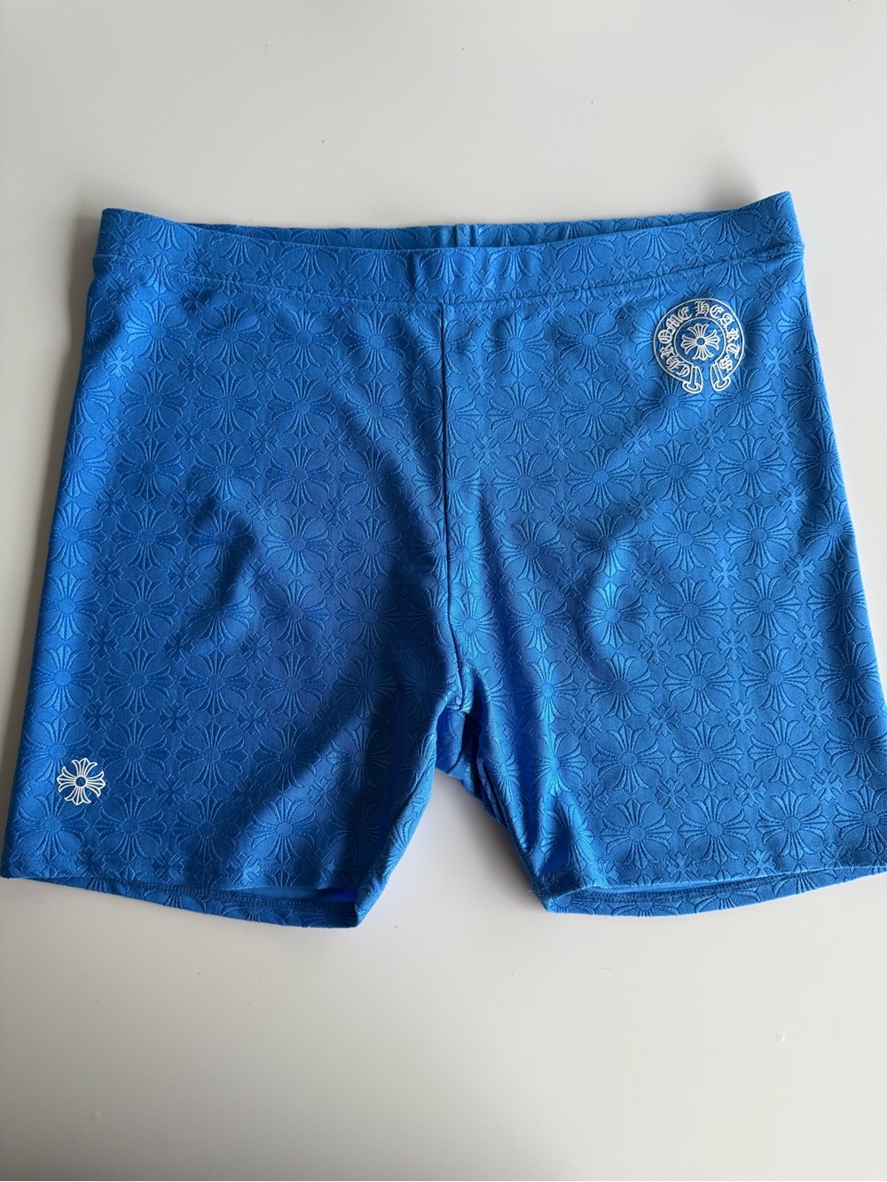 Chrome Hearts Blue Monogram Cross Horseshoe Biker Shorts Made in USA XL
